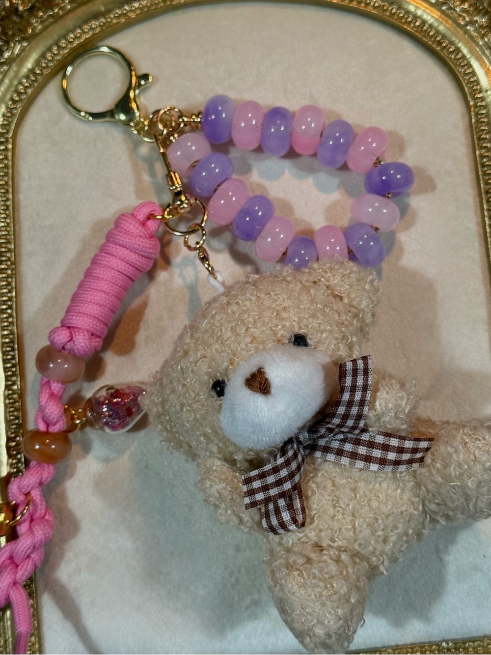 Plush Teddy Keychain with Pink & Lavender Beads